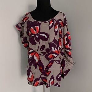 Asymmetrical Silk Abstract Leaf Print Top